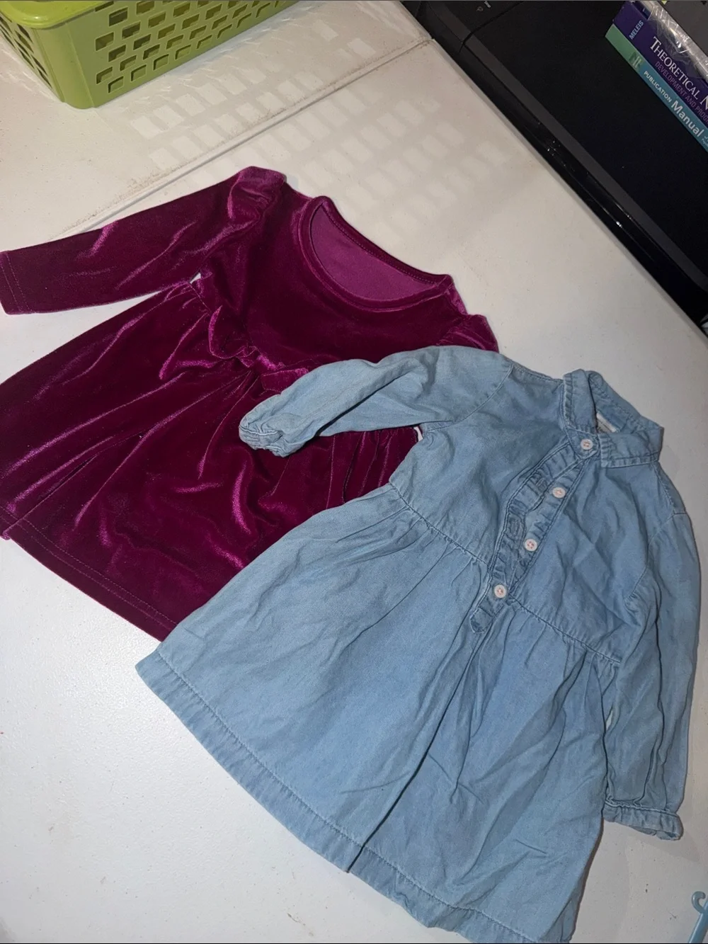 Kids Velvet Long-Sleeve Dress & Denim Shirt Dress Bundle - Pink & Blue